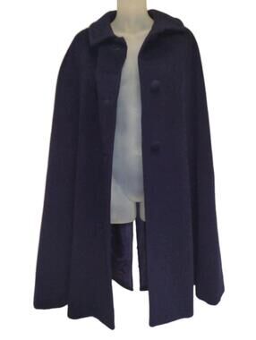 True Vintage Wool Cape Navy Blue Satin Lined Emily Wetherby 60s Arm Slits M/L
